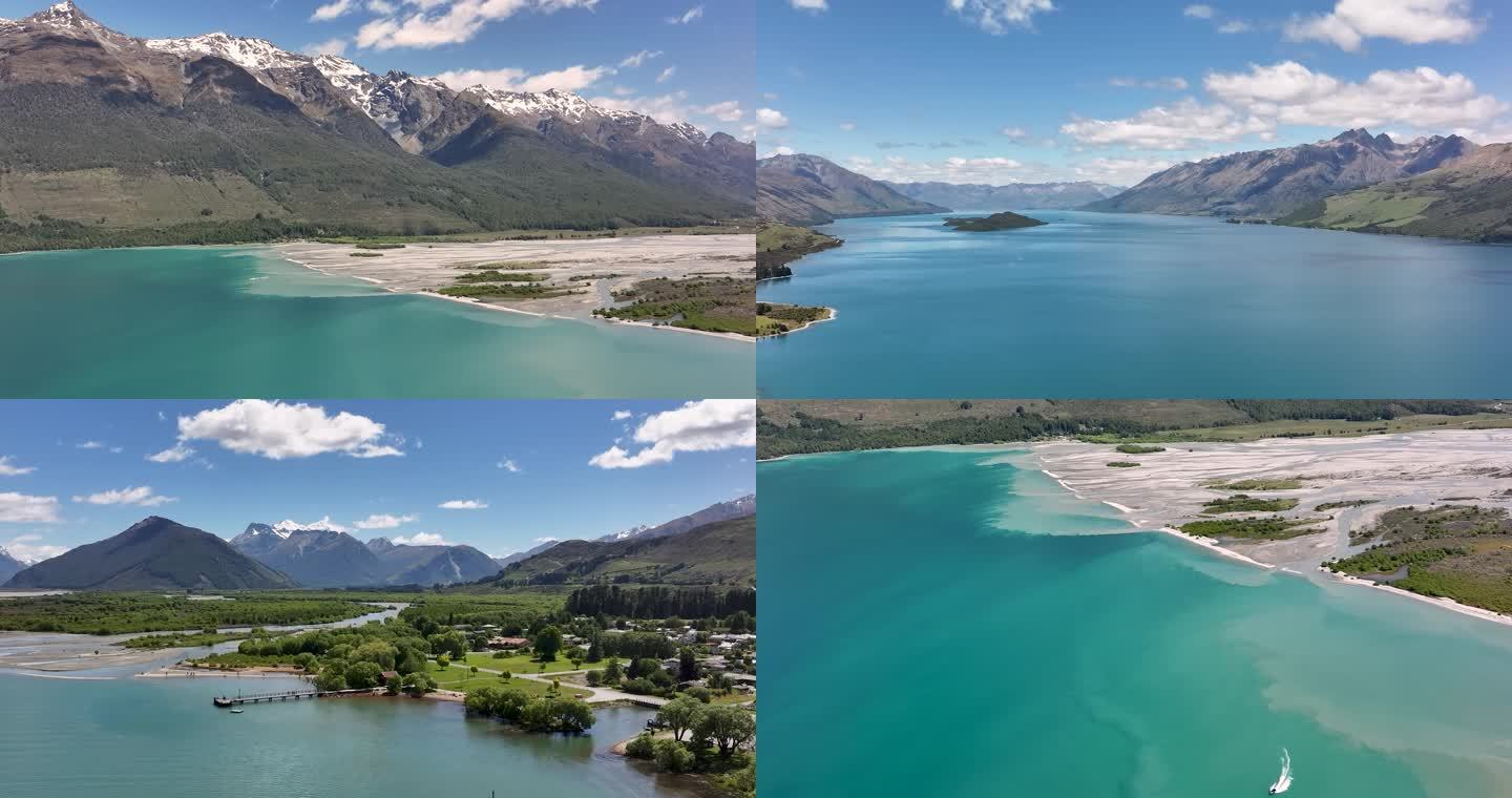 4K航拍新西兰格林诺奇碧蓝湖面
