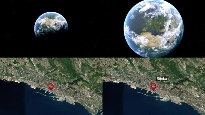 里耶卡城市地图从太空到地球缩放，克罗地亚