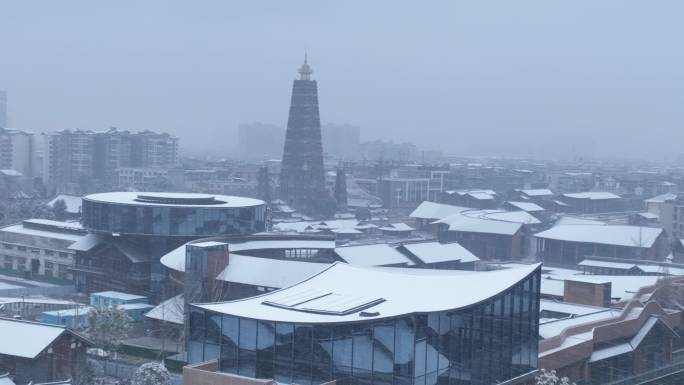 2004年彭州城区雪景龙兴寺水街下雪航拍