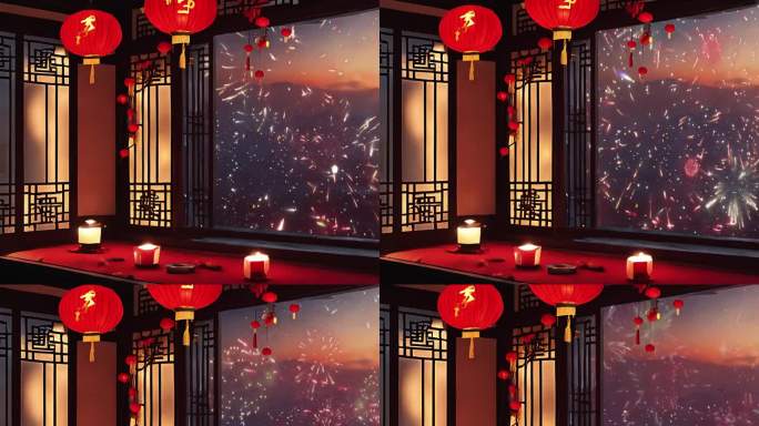 家窗外烟花 放烟花 新年春节灯笼喜庆夜景