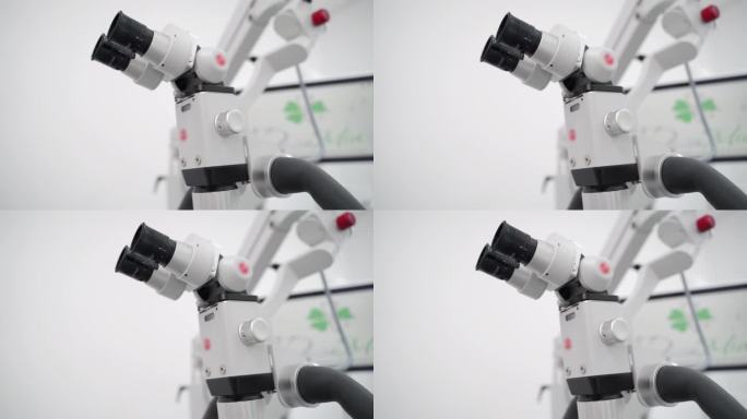 现代医学研究实验室用旋转双筒显微镜。基因诊断中心设备现代化。疫苗开发，生物技术。临床外科显微镜。