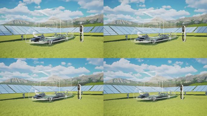露营车在带有太阳能电池板的电动汽车充电站充电- 4K分辨率