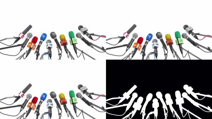 不同大众传媒的麦克风被隔离在白色上。新闻发布会或采访概念。三维视频动画