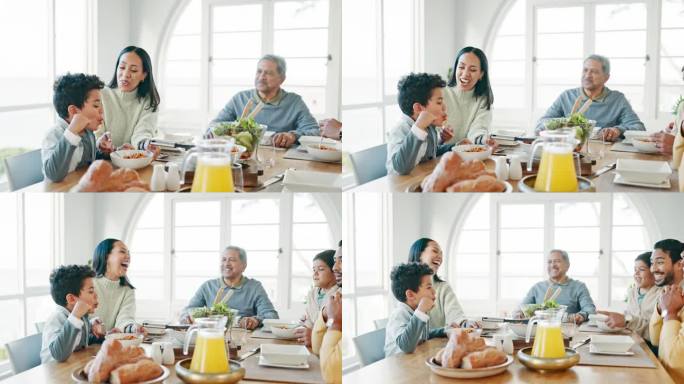 幸福，家人和几代人在家里吃饭，享受聊天的美好时光。吃饭时，爷爷奶奶和孩子们一起在桌子上吃着饭，边吃边