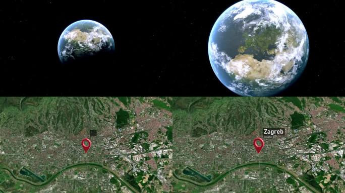 萨格勒布城市地图从太空到地球缩放，克罗地亚