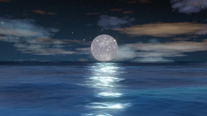夜空下，满月倒映在海面上