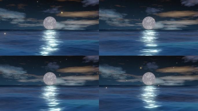 夜空下，满月倒映在海面上