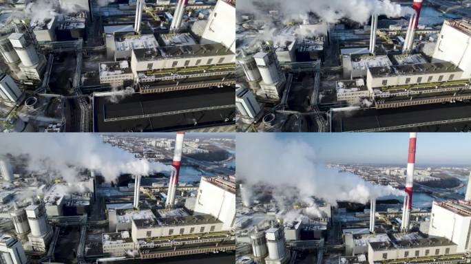 波兰华沙冒烟、污染严重的热电厂的高倾斜镜头。