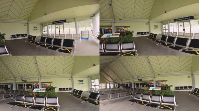 2020年7月7日:在covid大流行期间，拉罗汤加机场内部的水平视图严格的规定保持距离，空空如也的