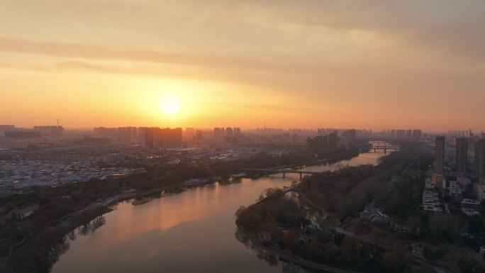 航拍漯河市沙河日落黄昏风光