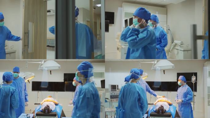 专业医生戴着手术帽走进手术室。有吸引力的专科医生、外科医生、医疗团队和助理在医院工作和准备进行外科手