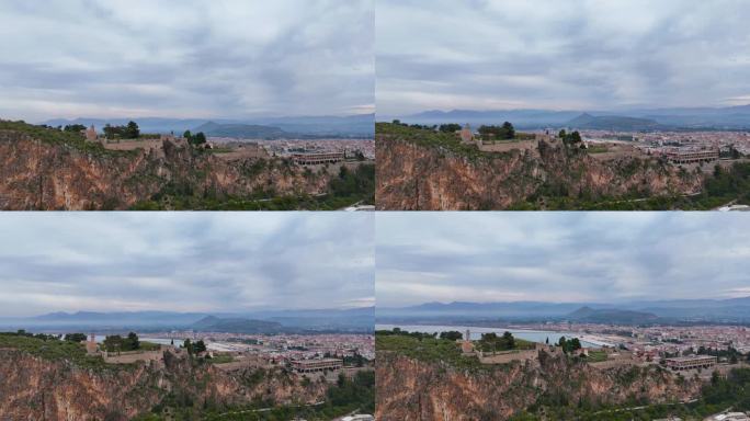 希腊伯罗奔尼撒地区的阿克罗瑙普利亚要塞和纳夫普利奥城鸟瞰图