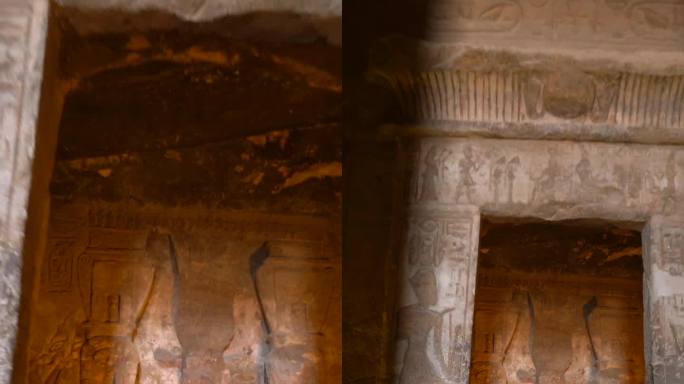 在埃及南部努比亚的纳赛尔湖畔，一名年轻女子正在参观阿布辛贝神庙的内部装饰和珍贵的象形文字。法老神庙拉