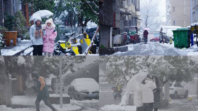 雪中城市街头奔波行人