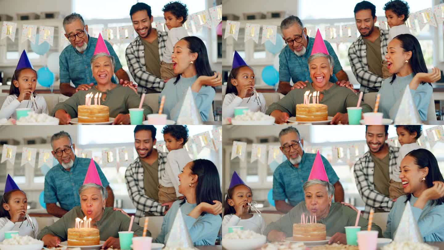 生日，聚会和一位老妇人与她的家人在家里一起庆祝一个人生里程碑事件。孩子们，父母和祖父母在家里吃蛋糕庆