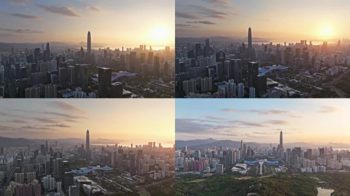 深圳城市中轴线莲花山市民中心日落光影航拍