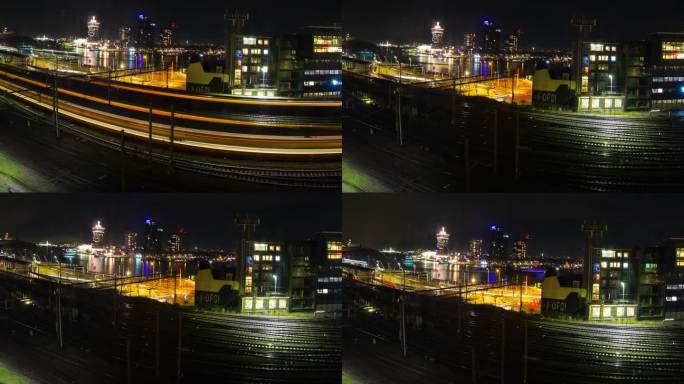 阿姆斯特丹火车场轨道港口夜间时间