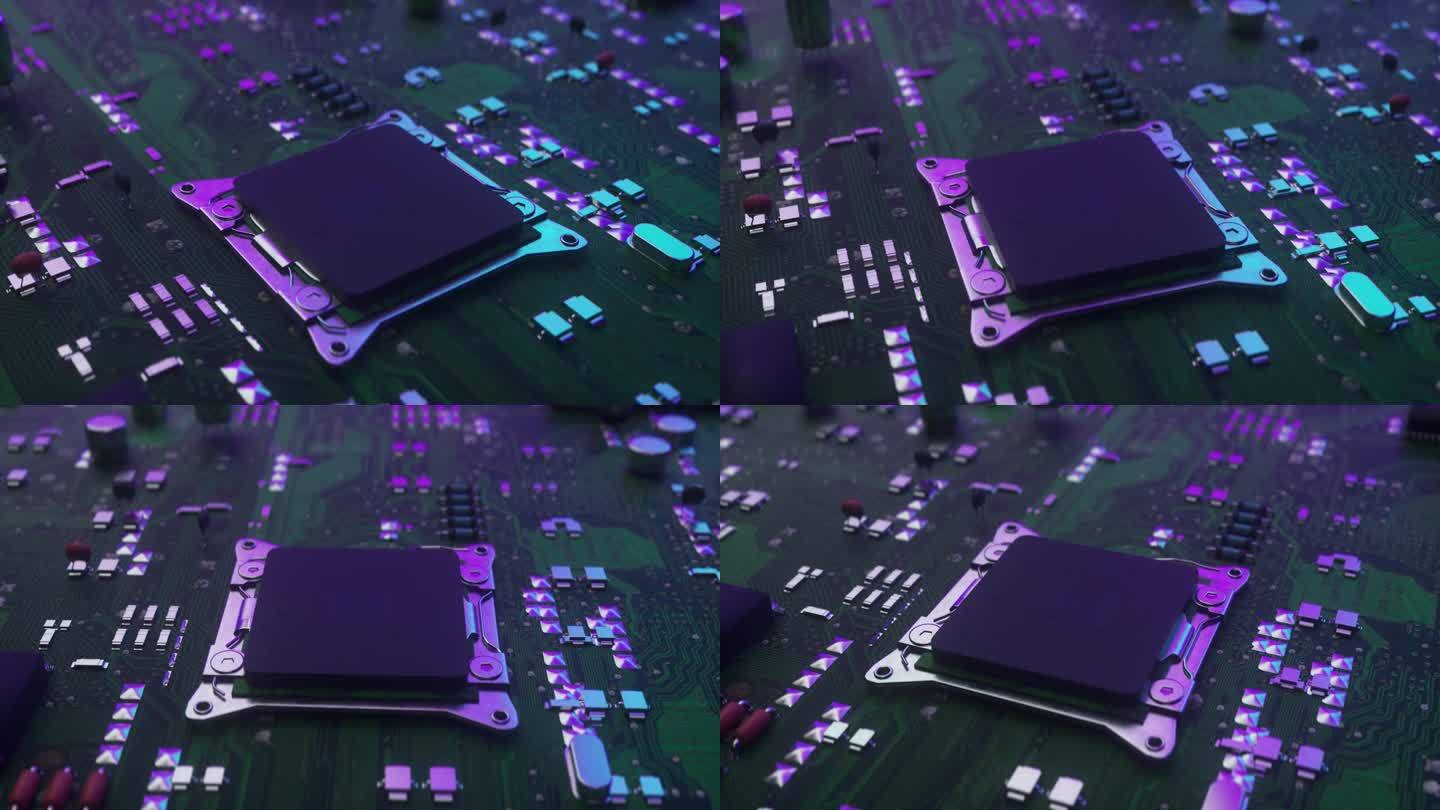 微处理器芯片与主板连接。AI概念技术。处理器微芯片启动人工智能的神经云计算数据