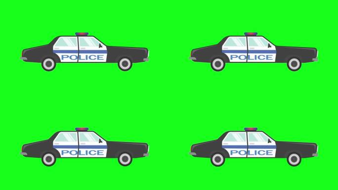 卡通平面设计警车在绿屏背景上奔跑，图形来源，循环播放