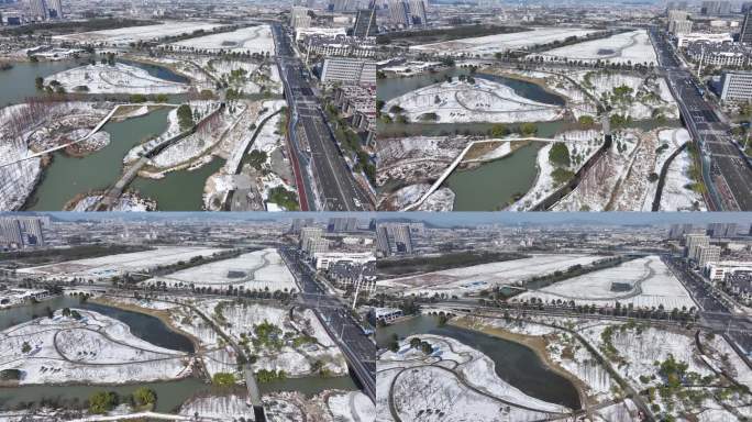 台州温岭九龙湖湿地公园雪景航拍