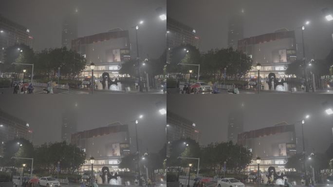 下雨天中的佛山百花广场 城市夜景空镜