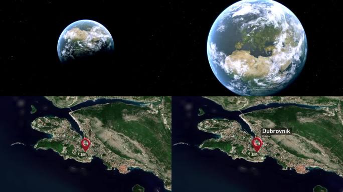 杜布罗夫尼克城市地图从太空到地球缩放，克罗地亚