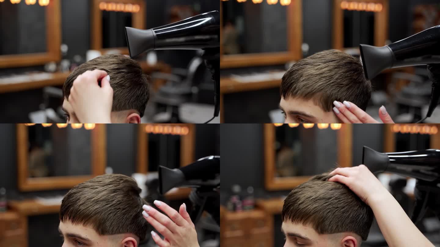 发型师在理发店用吹风机给男顾客吹头发。专业美容，吹发环节，男士发型细化。都市沙龙美学，造型师在工作，