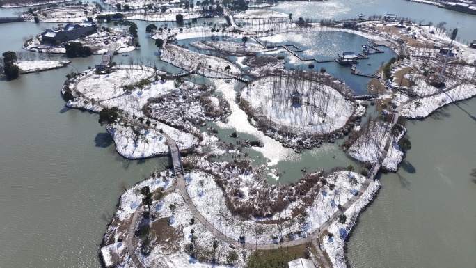 台州温岭九龙湖湿地公园雪景航拍