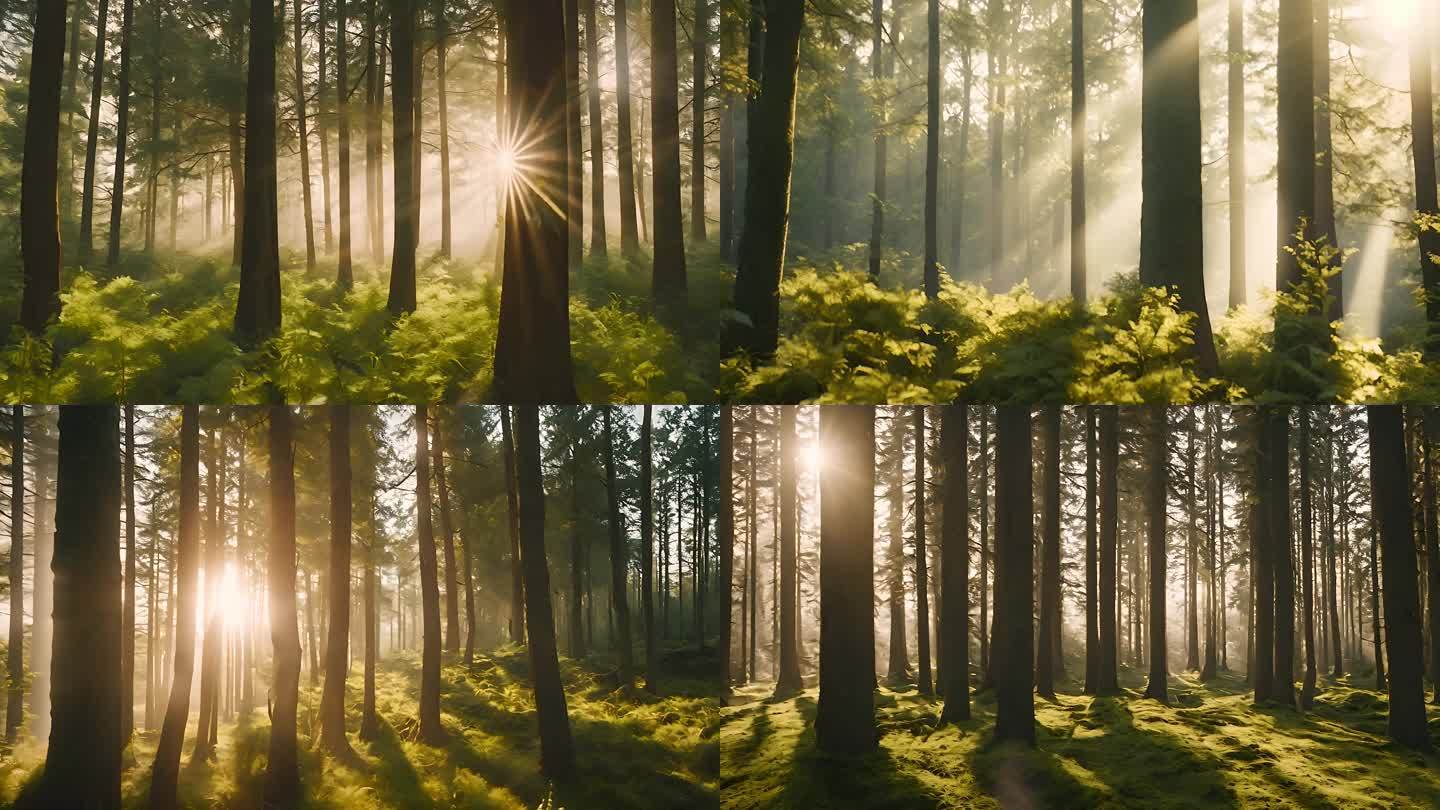绿色森林大自然风景阳光逆光早晨