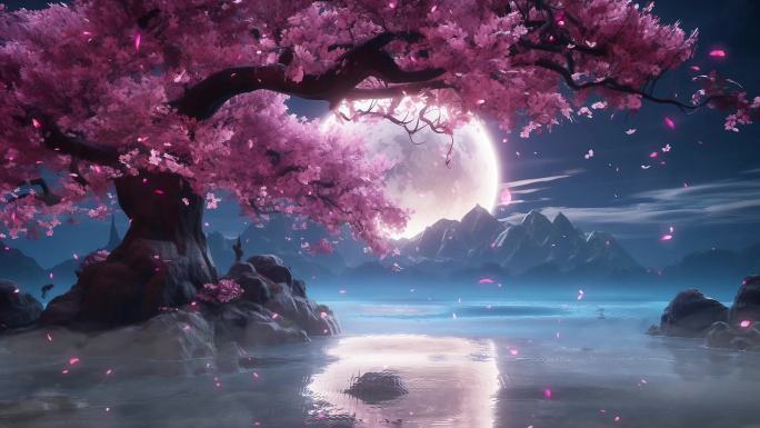 唯美月光桃树花瓣飘落 国风舞台背景视频
