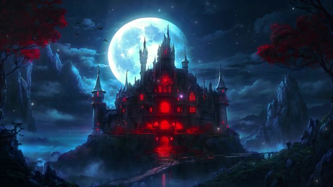 4K阴森恐怖月圆之夜吸血鬼城堡黑暗背景