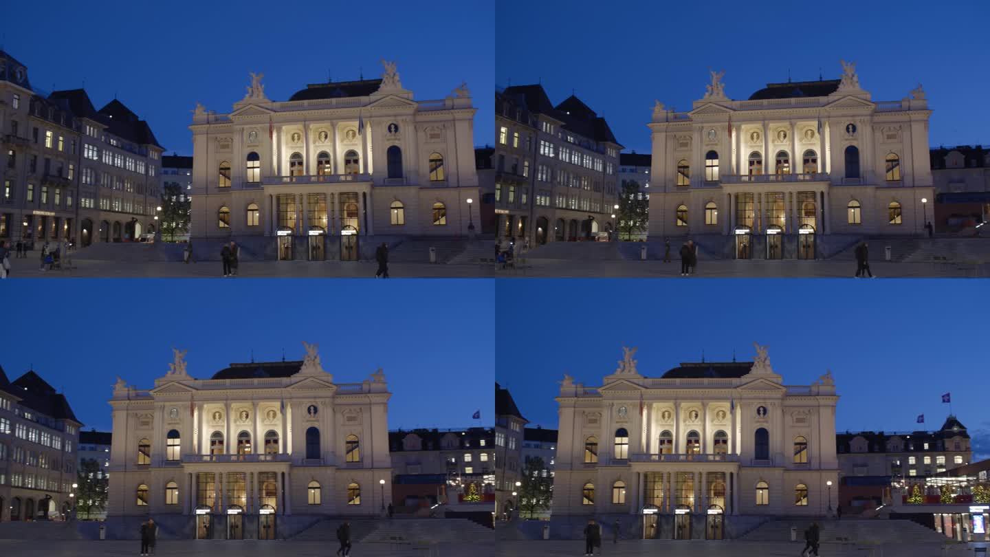 06-11-2023瑞士苏黎世午夜时分歌剧院的平移镜头。深秋的傍晚，真实的时光