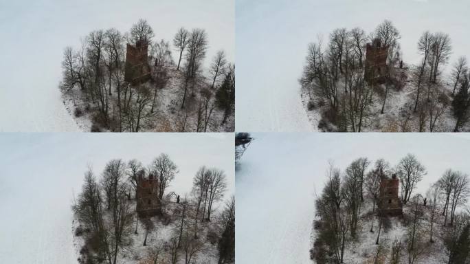 冬季在废弃的老教堂钟楼上拍摄的航拍照片