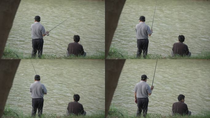 公园河边钓鱼的男人