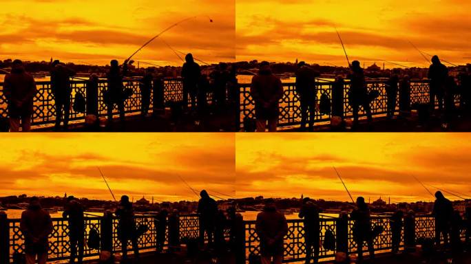 在金色的夕阳下，人们在加拉塔桥上快乐地钓鱼