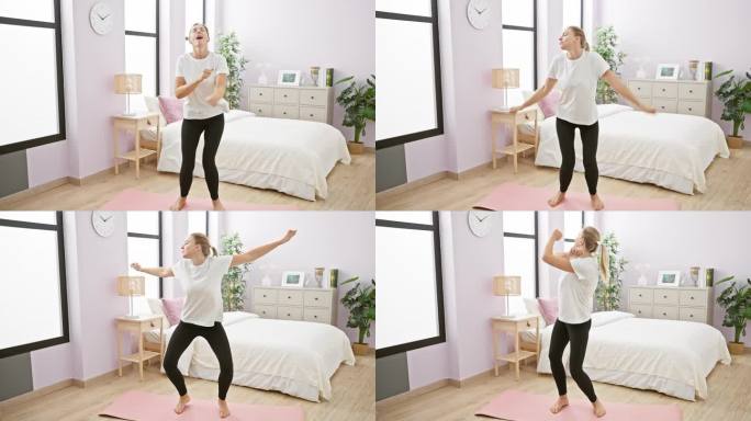 一个年轻的成年女子在宽敞的卧室里练习瑜伽，在现代的家庭环境中看起来很放松和专注。