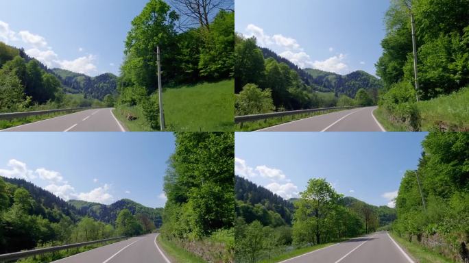 山路右边是高大的树木，左边是茂密的山脉