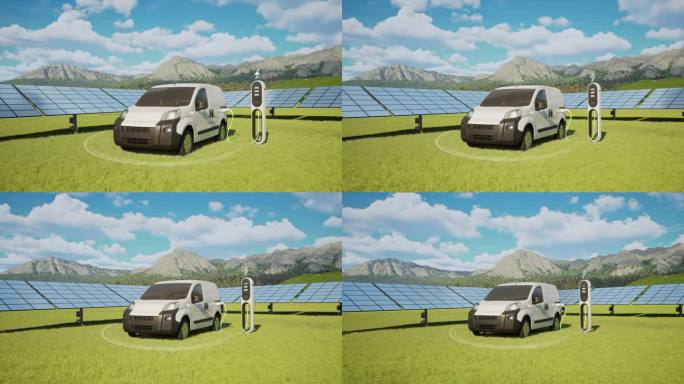 电动货车在带有太阳能电池板的电动汽车充电站充电- 4K分辨率