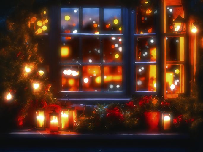 温馨窗户温暖窗外下雪过年装饰圣诞节新年
