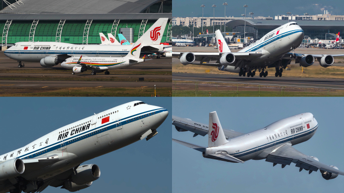 国航波音747-8在广州机场起降