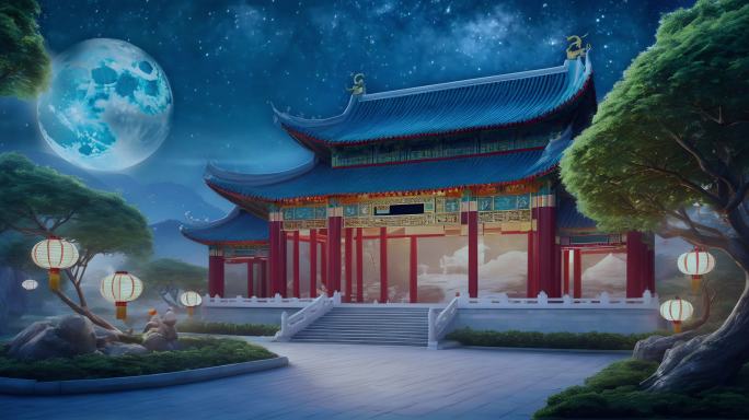 中式古风建筑背景圆月视频素材
