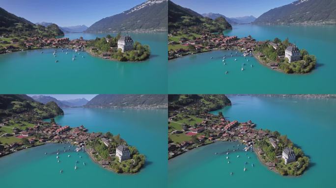 瑞士布里恩茨湖上风景如画的渔村Iseltwald鸟瞰图。