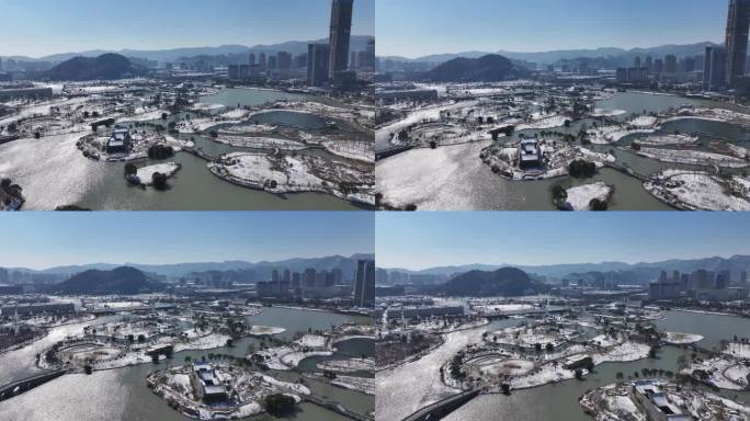 台州温岭九龙湖湿地公园雪景航拍