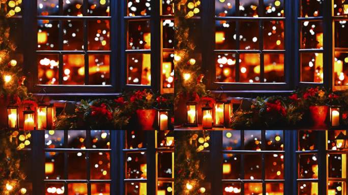 家温馨窗户温暖窗外下雪过年装饰圣诞节新年