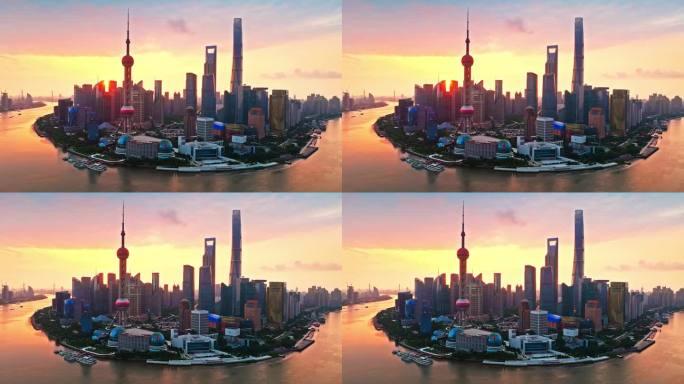 日出时上海市中心建筑物的空中全景拍摄