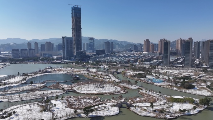 台州温岭九龙湖湿地公园雪景航拍