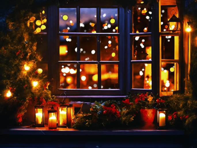 温馨窗户温暖窗外下雪过年装饰圣诞节新年