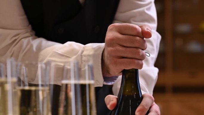 侍酒师剪掉一瓶香槟酒的标签
