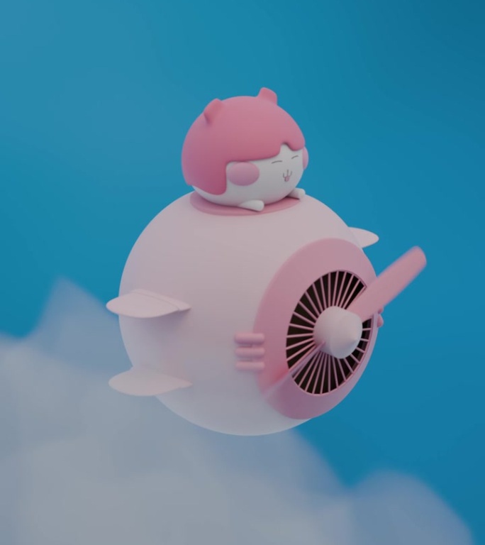 垂直动画玩具飞机与可爱的卡通飞行员在云层中飞行