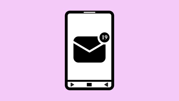 智能手机与电子邮件通知图标在屏幕上动画的紫色背景。